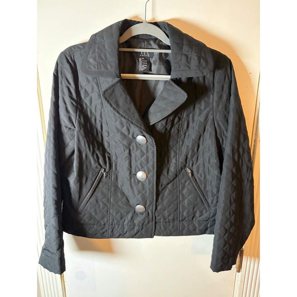 R.Q.T. Petite Womens Black Quilted Button Front Lightweight Jacket Size PM